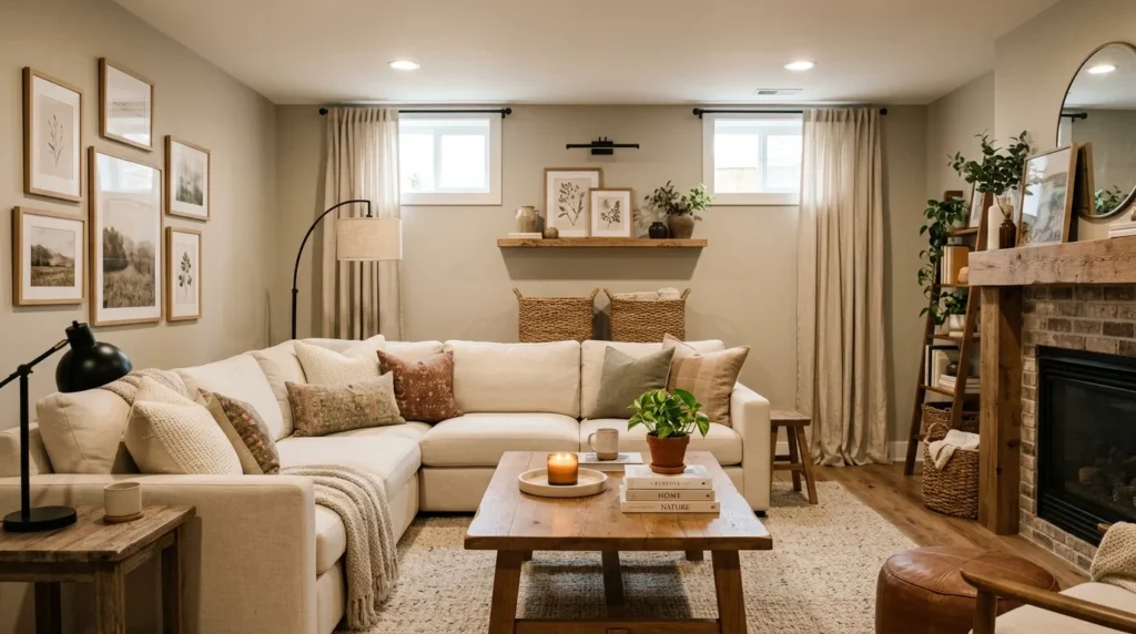  warm neutral palette basement family room idea 2026