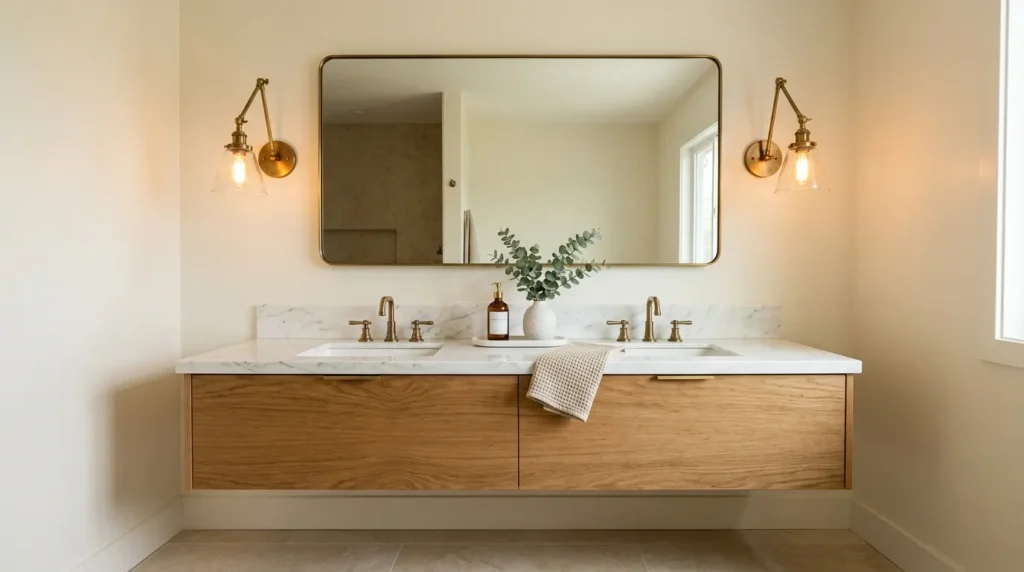 Warm vanity sconces adding a cozy glow to a modern bathroom lighting design.