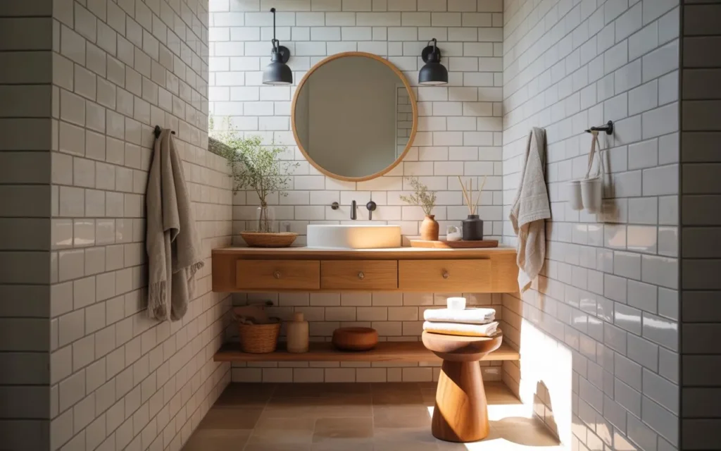  warm wood accents small bathroom idea stylish 2026