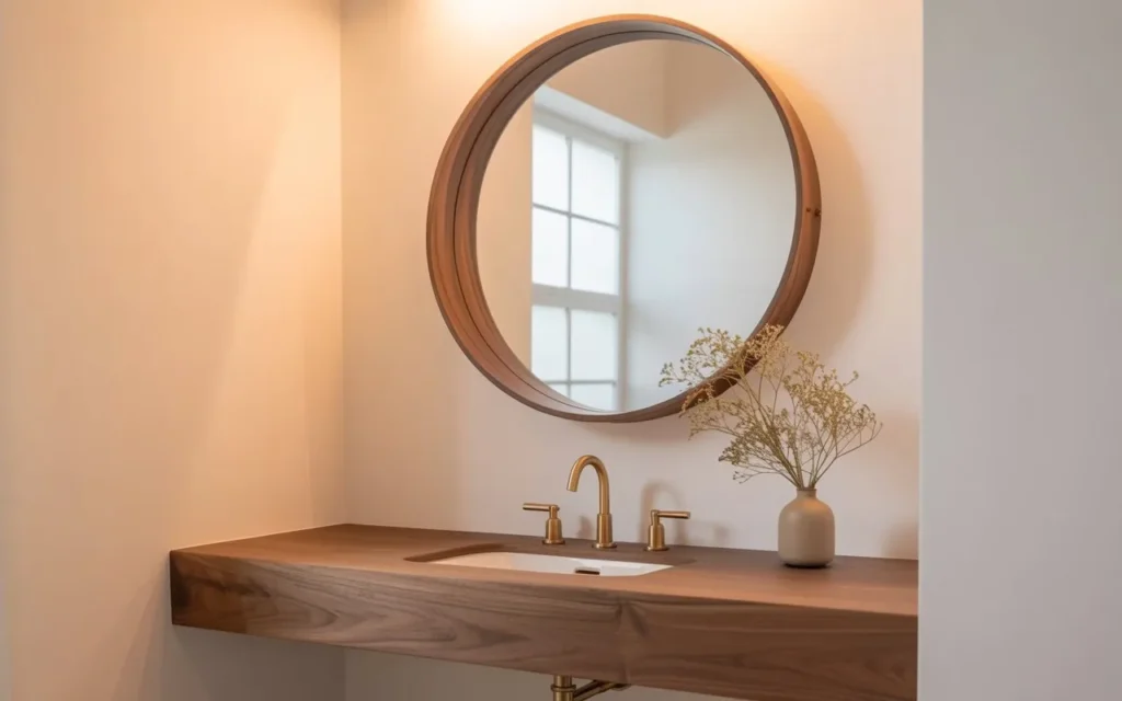 warm wood frame round mirror bathroom vanity idea