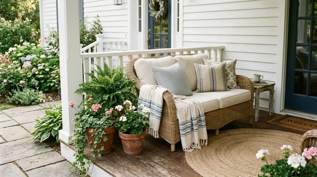 wicker loveseat corner front porch seating idea 2026