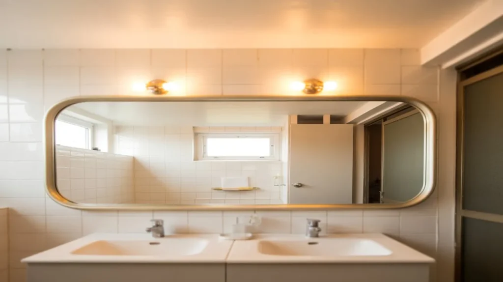wide horizontal mirror small bathroom wall idea