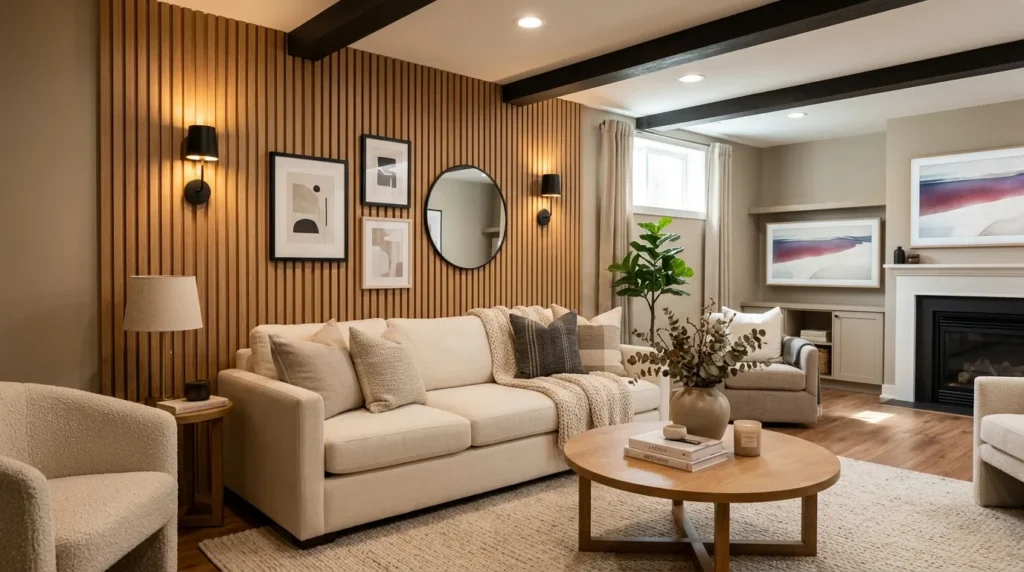  wood accent wall basement family room idea modern