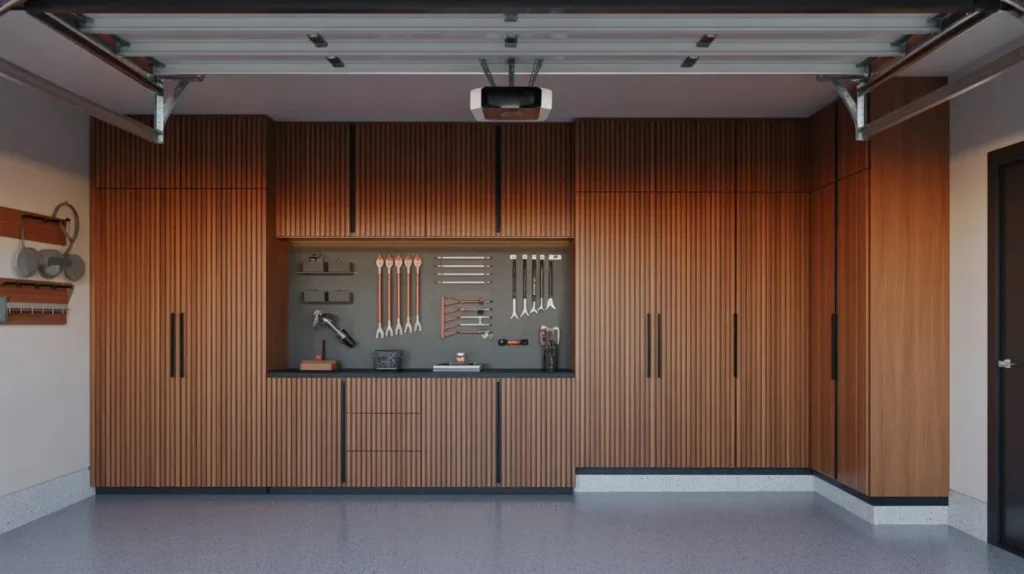 wood slat panels garage interior idea modern 2026