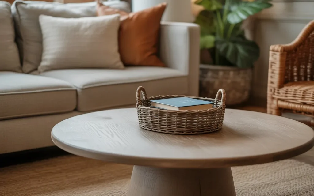 woven basket element round coffee table decor idea