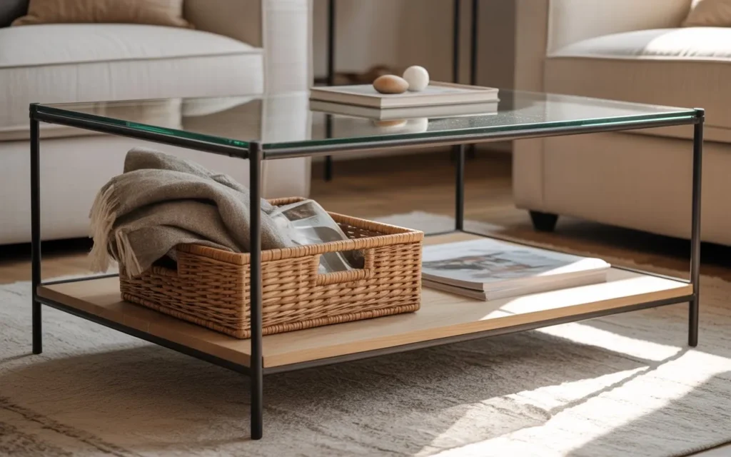 woven basket layer glass coffee table decor idea