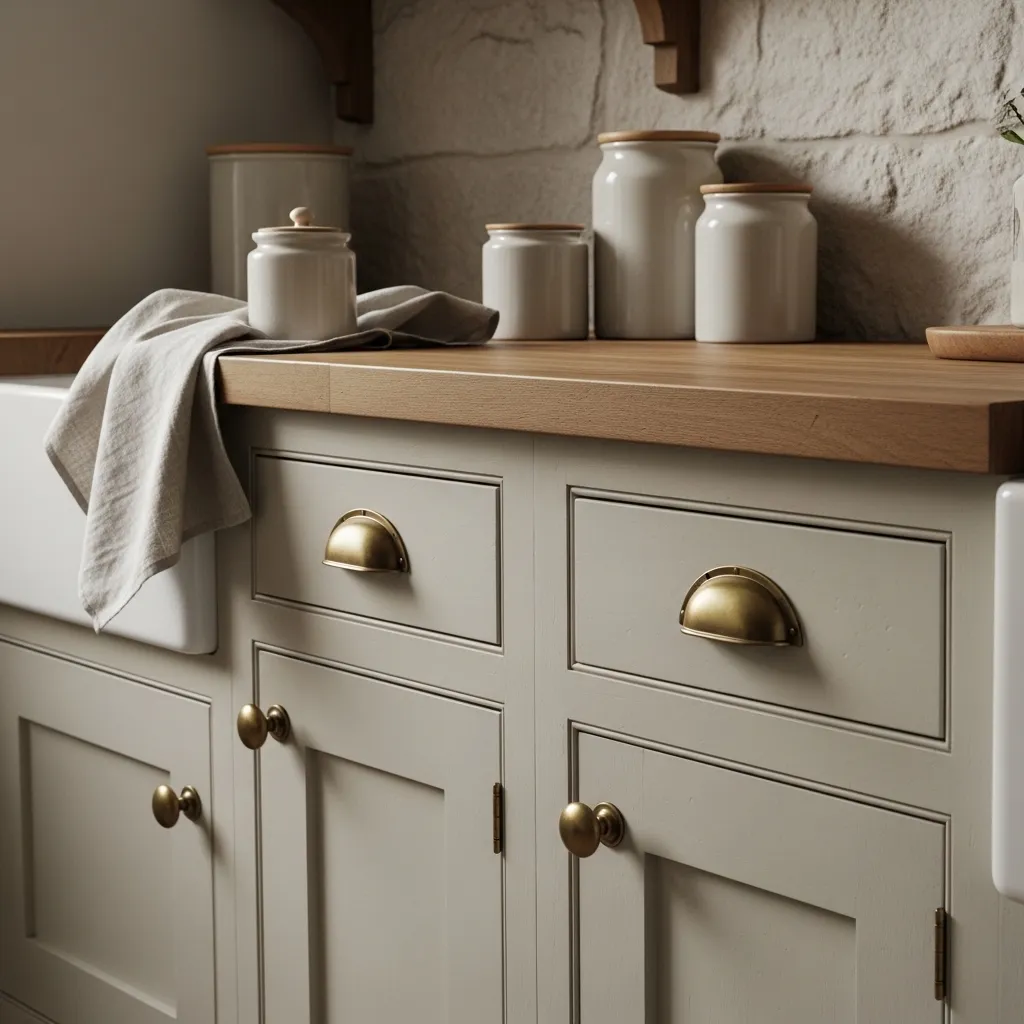 aged brass hardware old farmhouse kitchen idea 2026