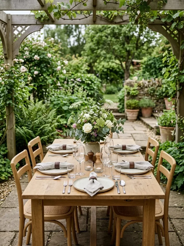 Outdoor dining table setup for al fresco meals with natural decor and elegant table styling