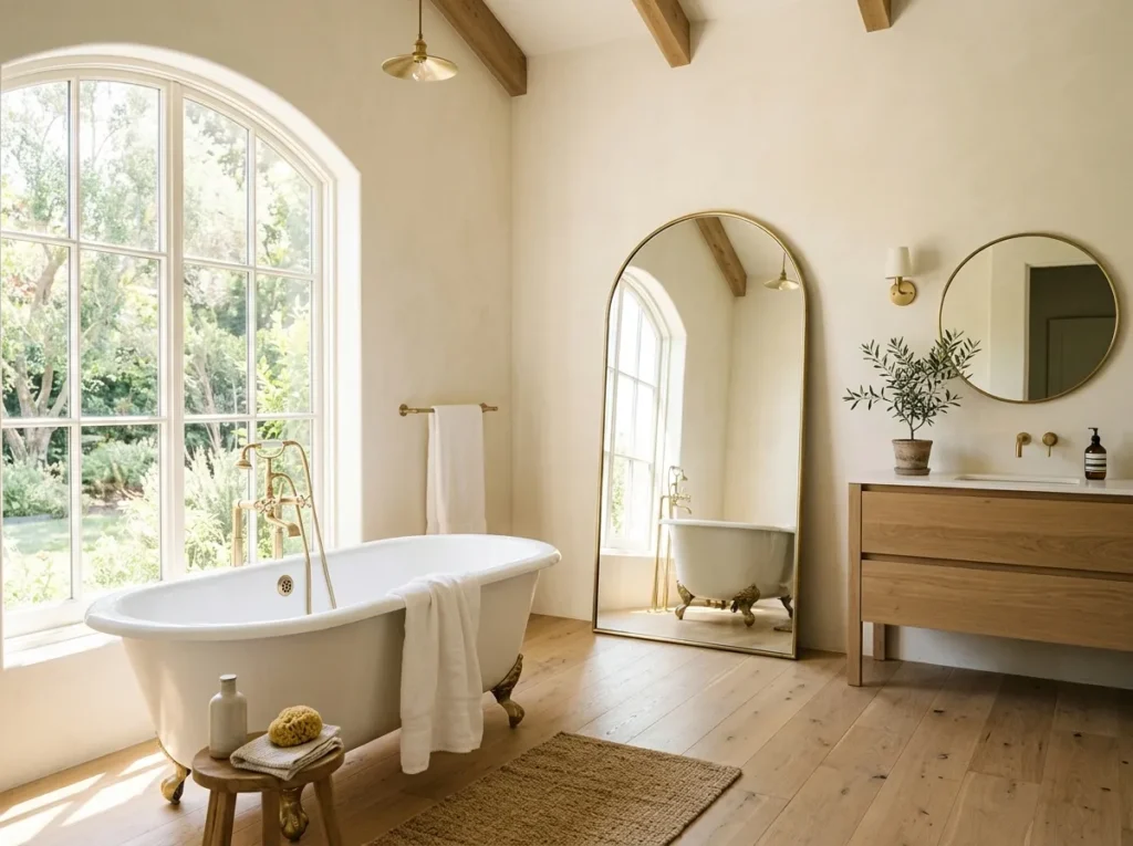 arched floor mirror bath tub decor idea elegant bathroom