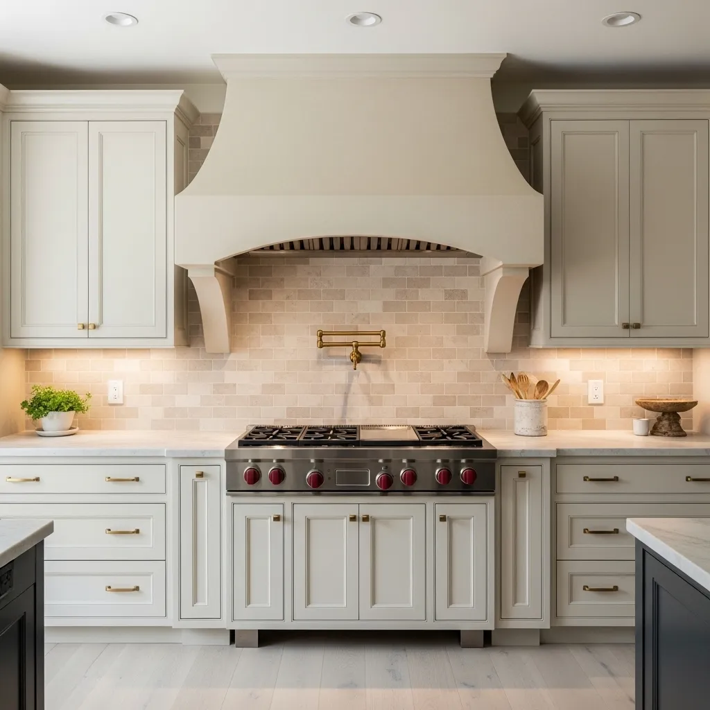 arched range hood warm white kitchen idea modern