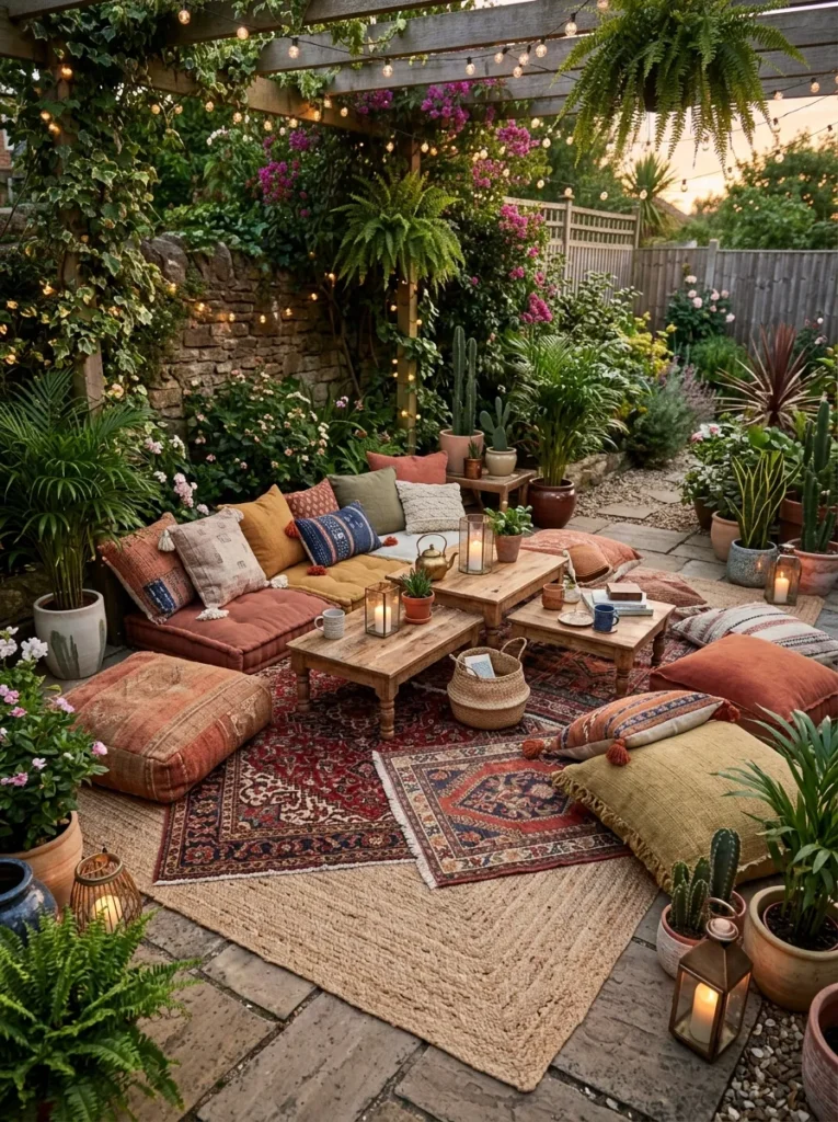 Boho style outdoor floor seating with rugs and cushions creating a cozy entertaining setupBoho style outdoor floor seating with rugs and cushions creating a cozy entertaining setup