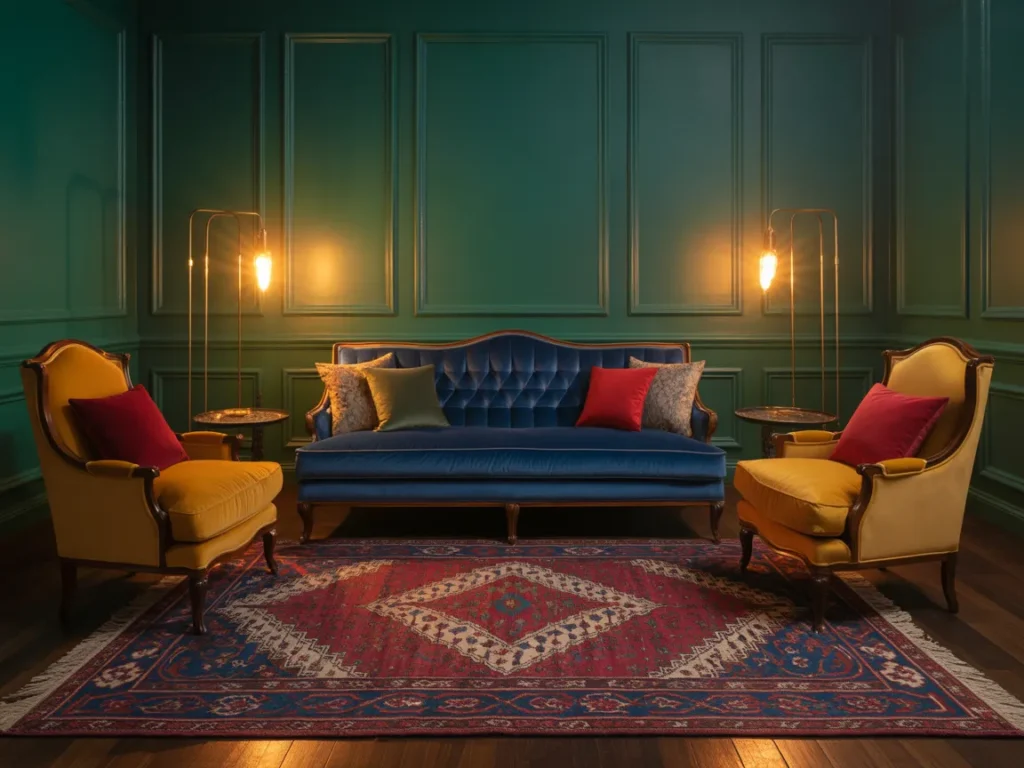 Bold jewel tone living room with deep emerald green and sapphire blue decor