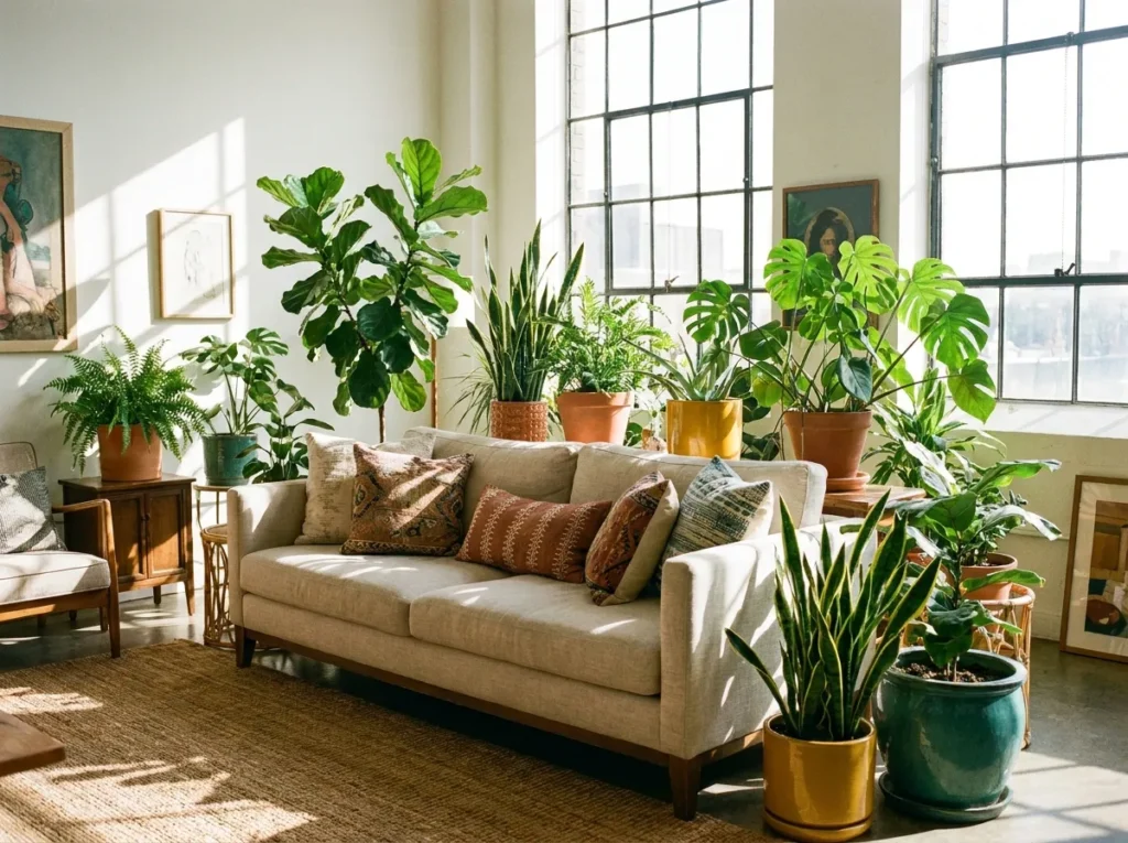 Botanical color blend with lush plants and natural tones in a bright living room