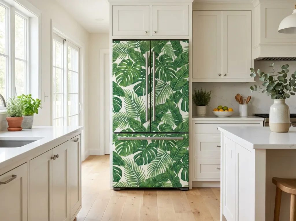 botanical leaf print fridge wallpaper idea modern kitchen