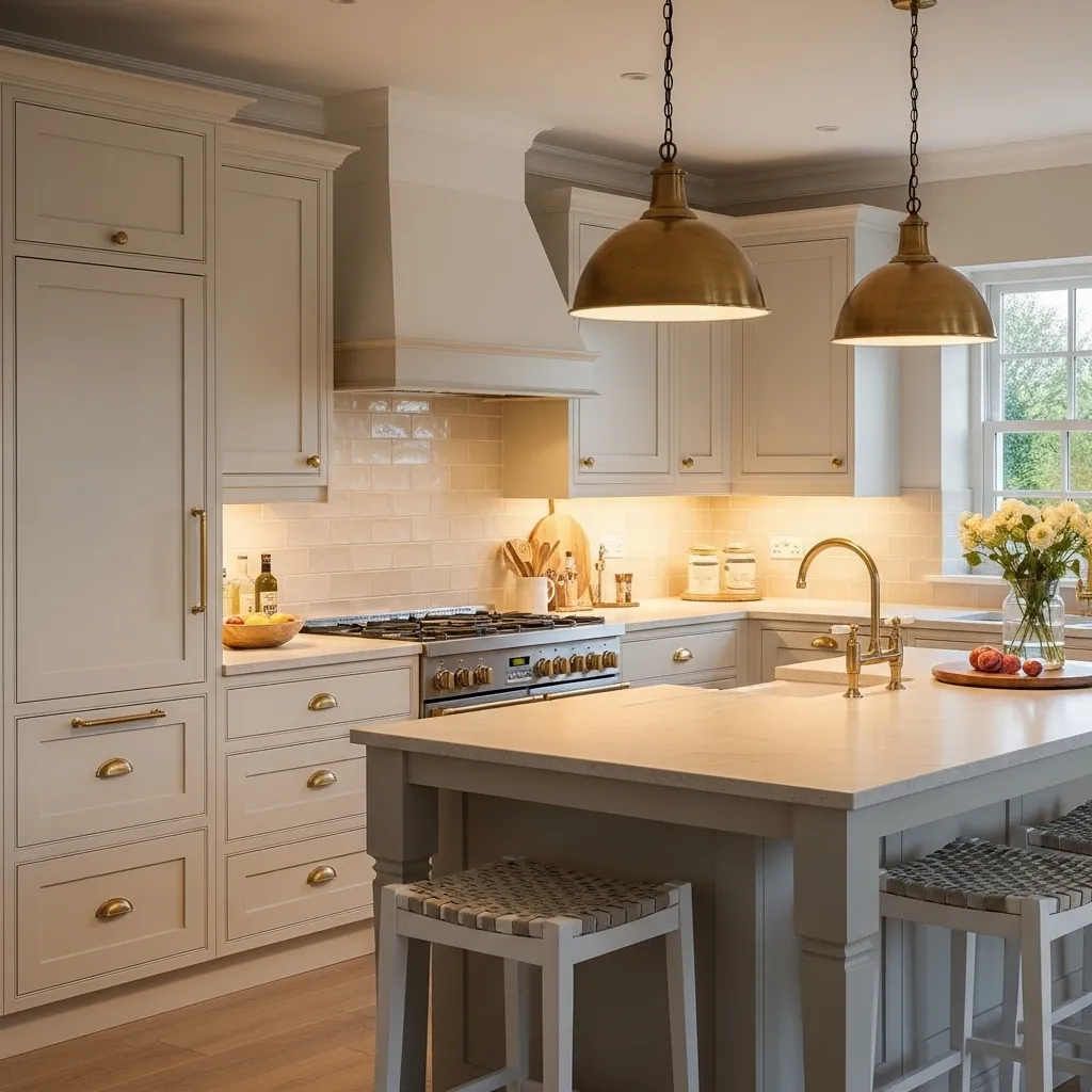 brass hardware details warm white kitchen idea modern