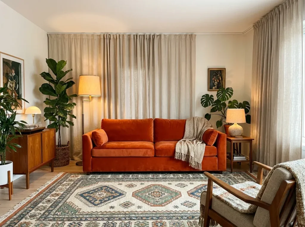 Bright statement sofa in bold yellow or teal as living room focal point