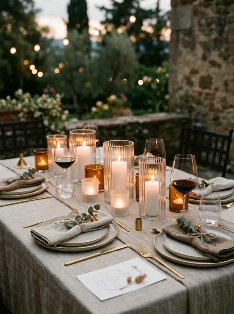 Outdoor dining table with candlelight creating a warm and intimate evening atmosphere
