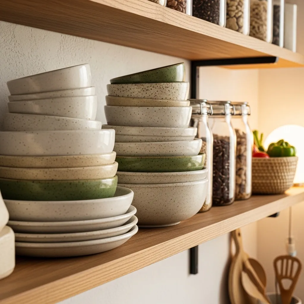 ceramic dish stack boho kitchen decor idea rustic