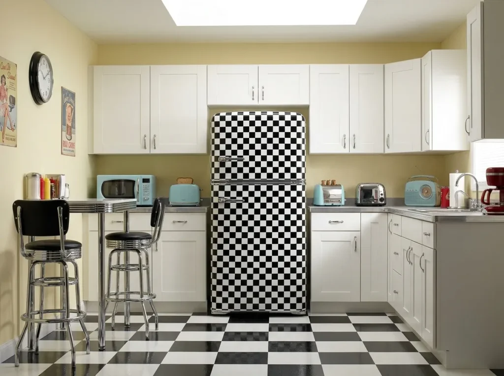 checkerboard pattern fridge wallpaper idea retro kitchen

