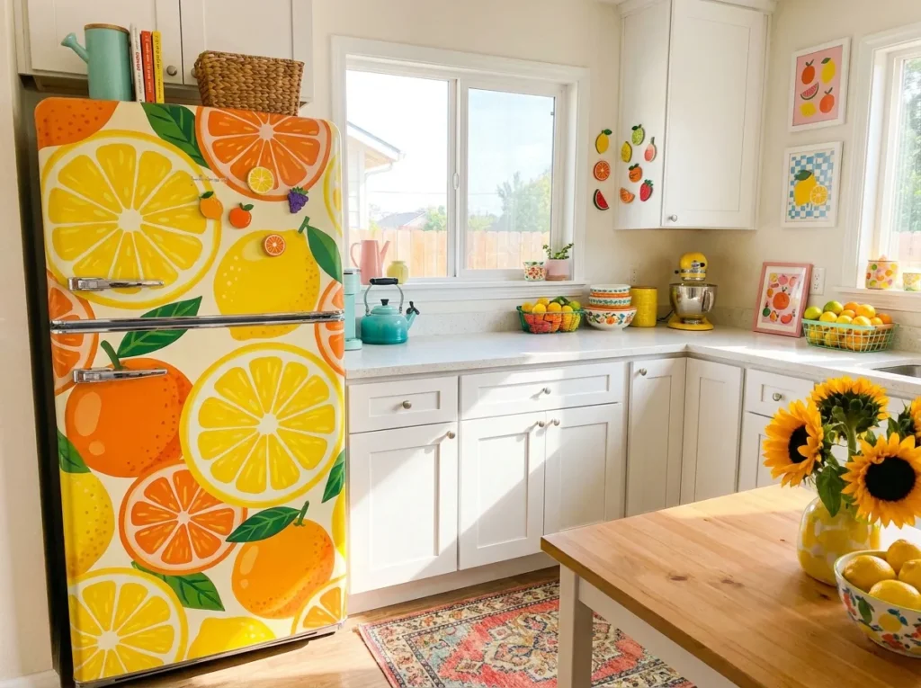 citrus pop design fridge wallpaper idea colorful kitchen