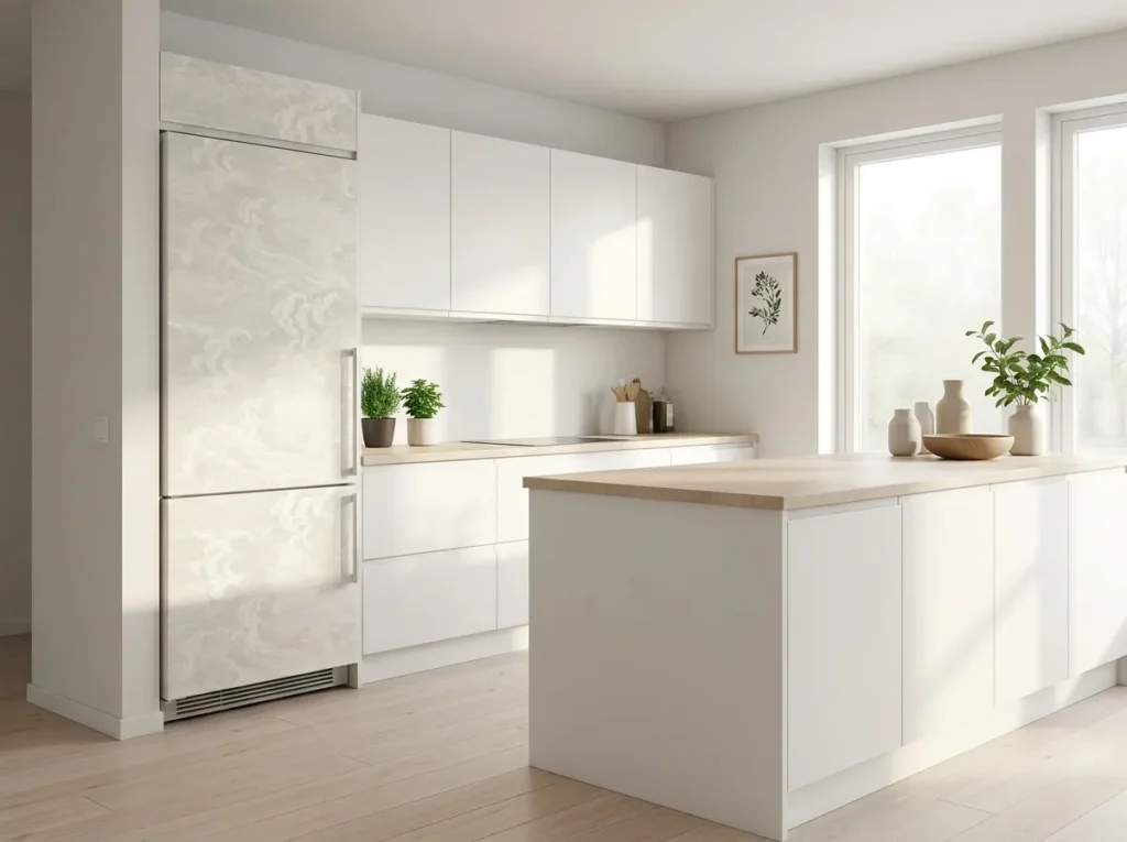 cloud white texture fridge wallpaper idea clean kitchen