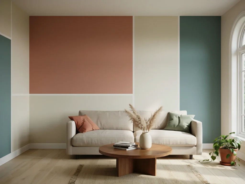 Color block painted walls in a bold and stylish modern living room space