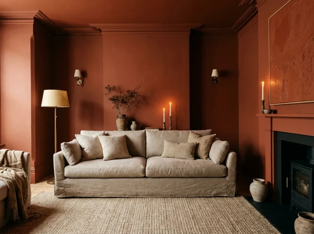 Color drenched walls in a rich and immersive bold colorful living room design