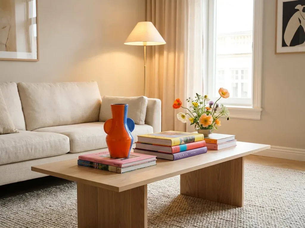 Colorful coffee table styling with bold books and decorative objects in a living room