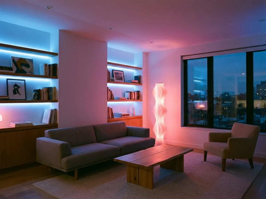 Colorful lighting accents and lamps brightening a vibrant and cozy living room