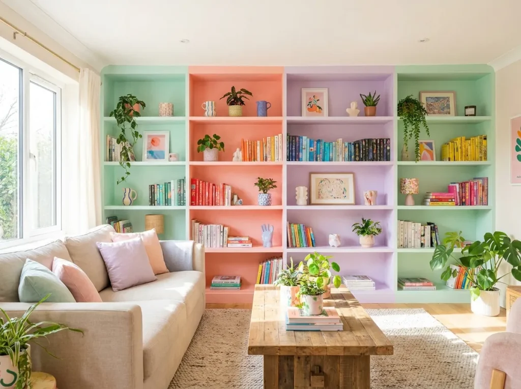 Colorful open shelving display in a bright and styled living room interior