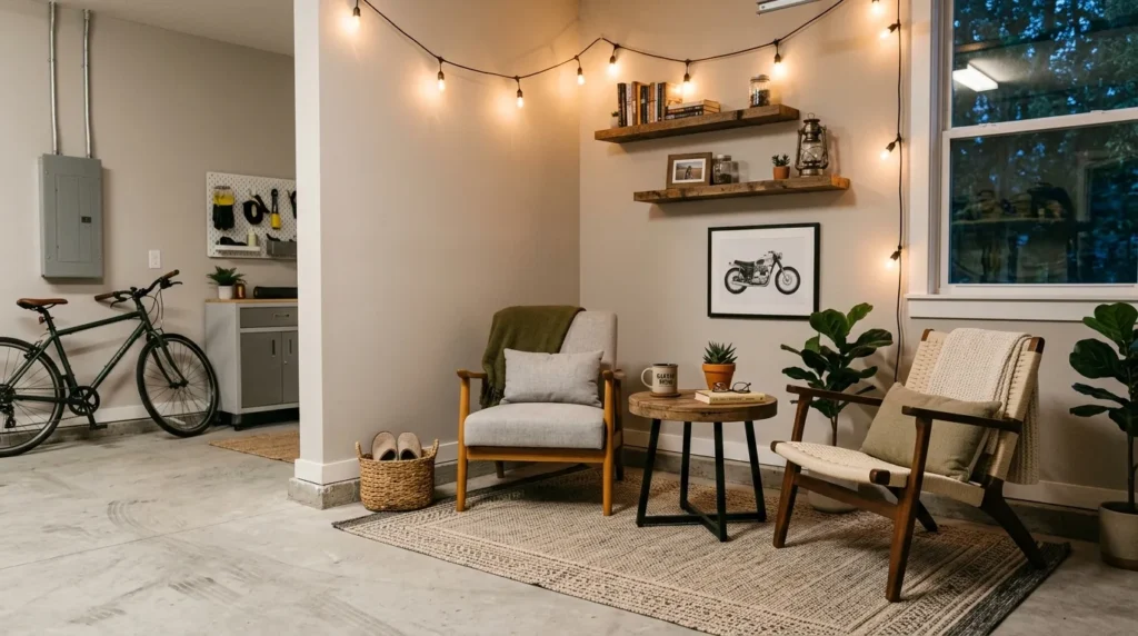 compact lounge corner garage interior design idea modern