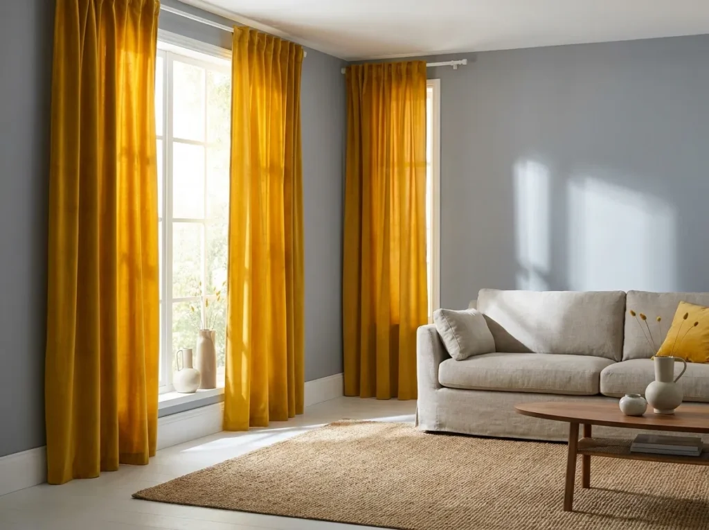 Contrasting colorful curtains adding bold personality to a bright living room