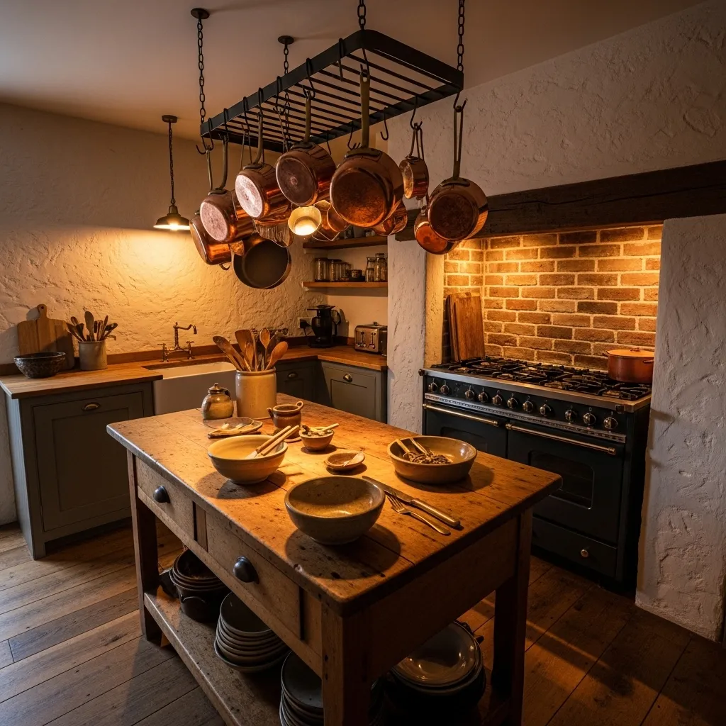 copper pot rack old farmhouse kitchen idea rustic charm