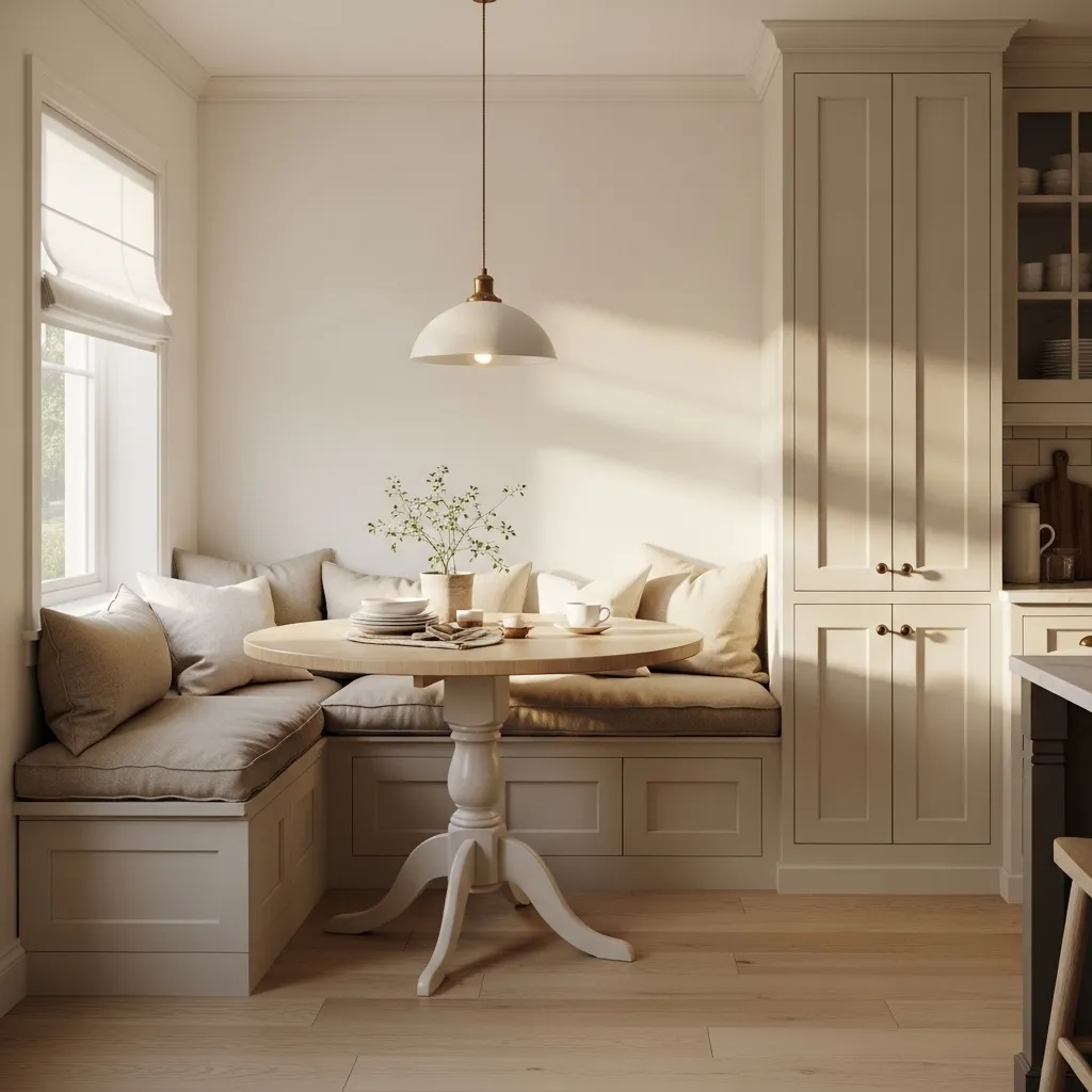 cozy breakfast nook warm white kitchen idea 2026