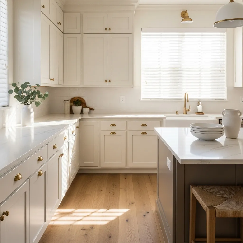 cream cabinet glow warm white kitchen idea 2026