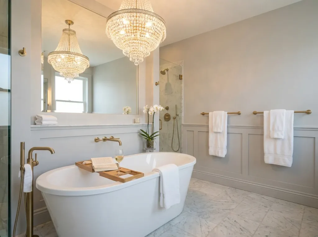 crystal chandelier bath tub decor idea glamour bathroom