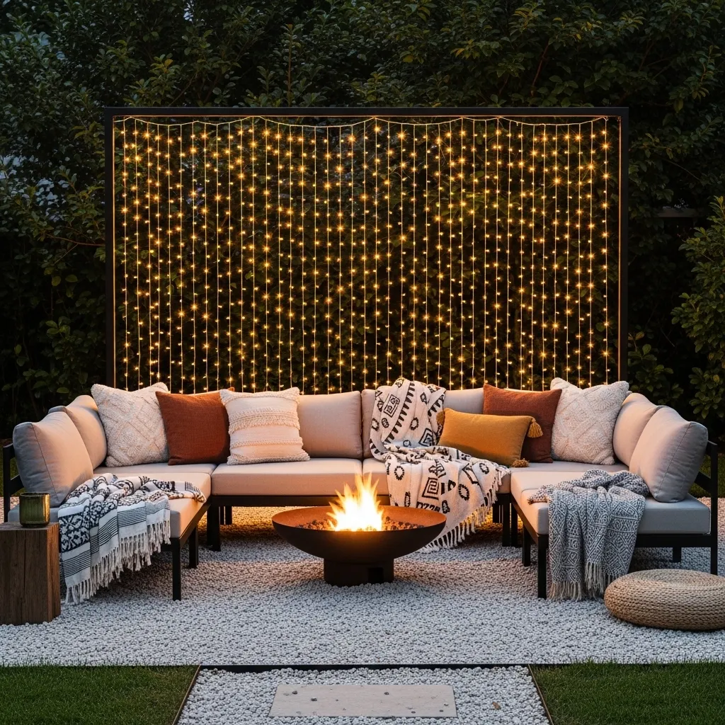 curtain light wall fire pit lighting idea cozy nights
