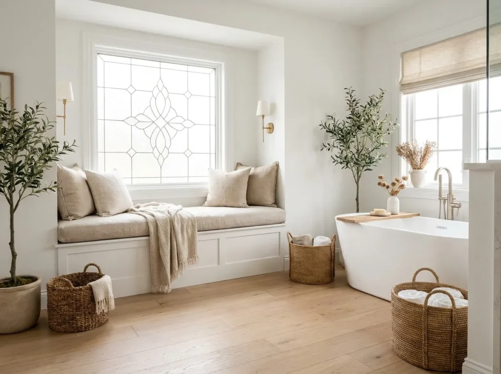 decorative window bench bath tub decor idea bathroom 2026