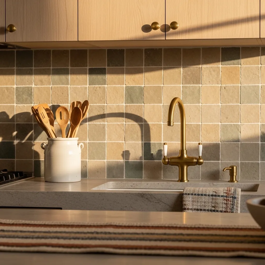 earthy tile backsplash boho kitchen decor idea 2026