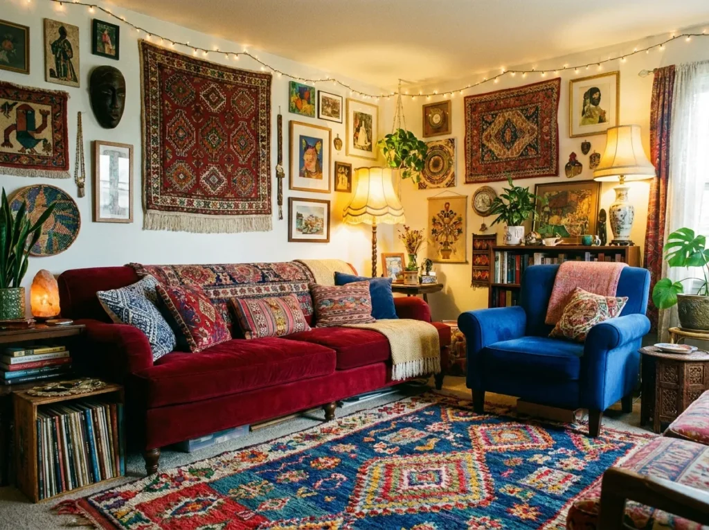 Eclectic color mix living room with layered patterns textures and vibrant decor accents
