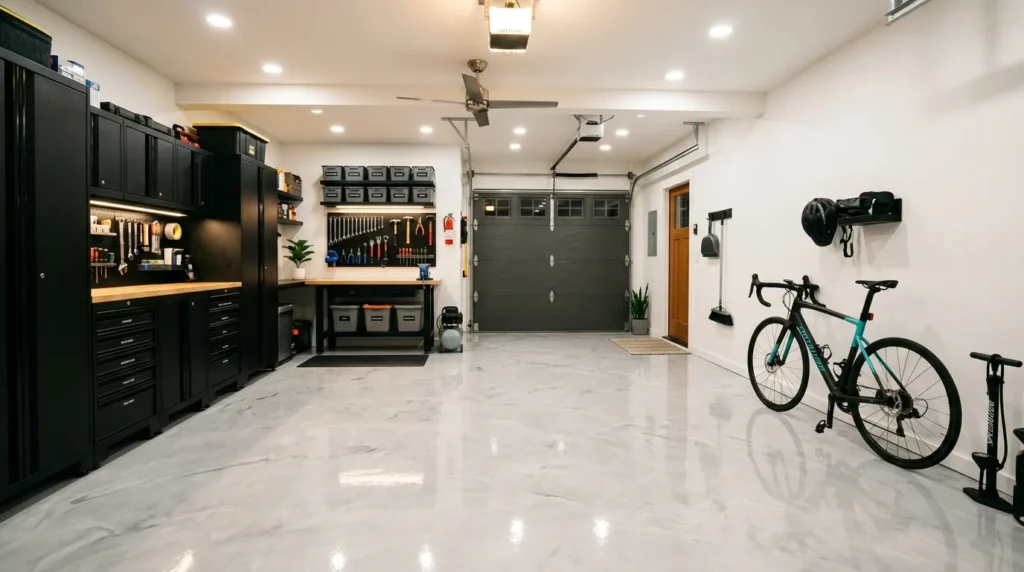 epoxy floor finish garage interior design idea 2026