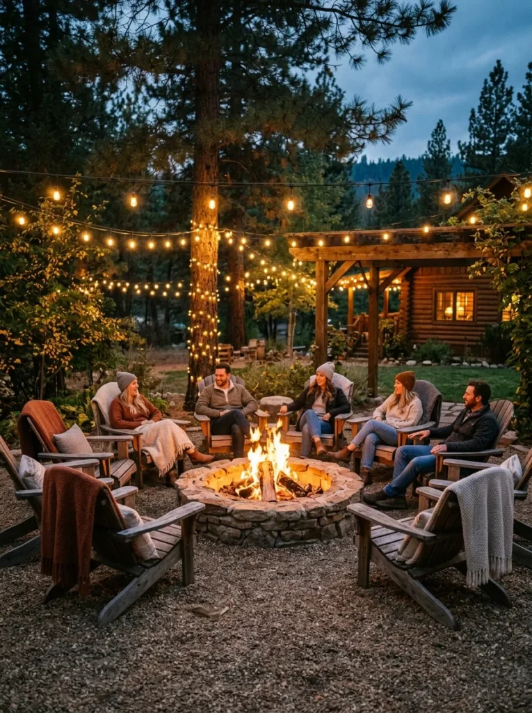 Backyard fire pit seating arrangement creating a warm and inviting outdoor entertaining area
