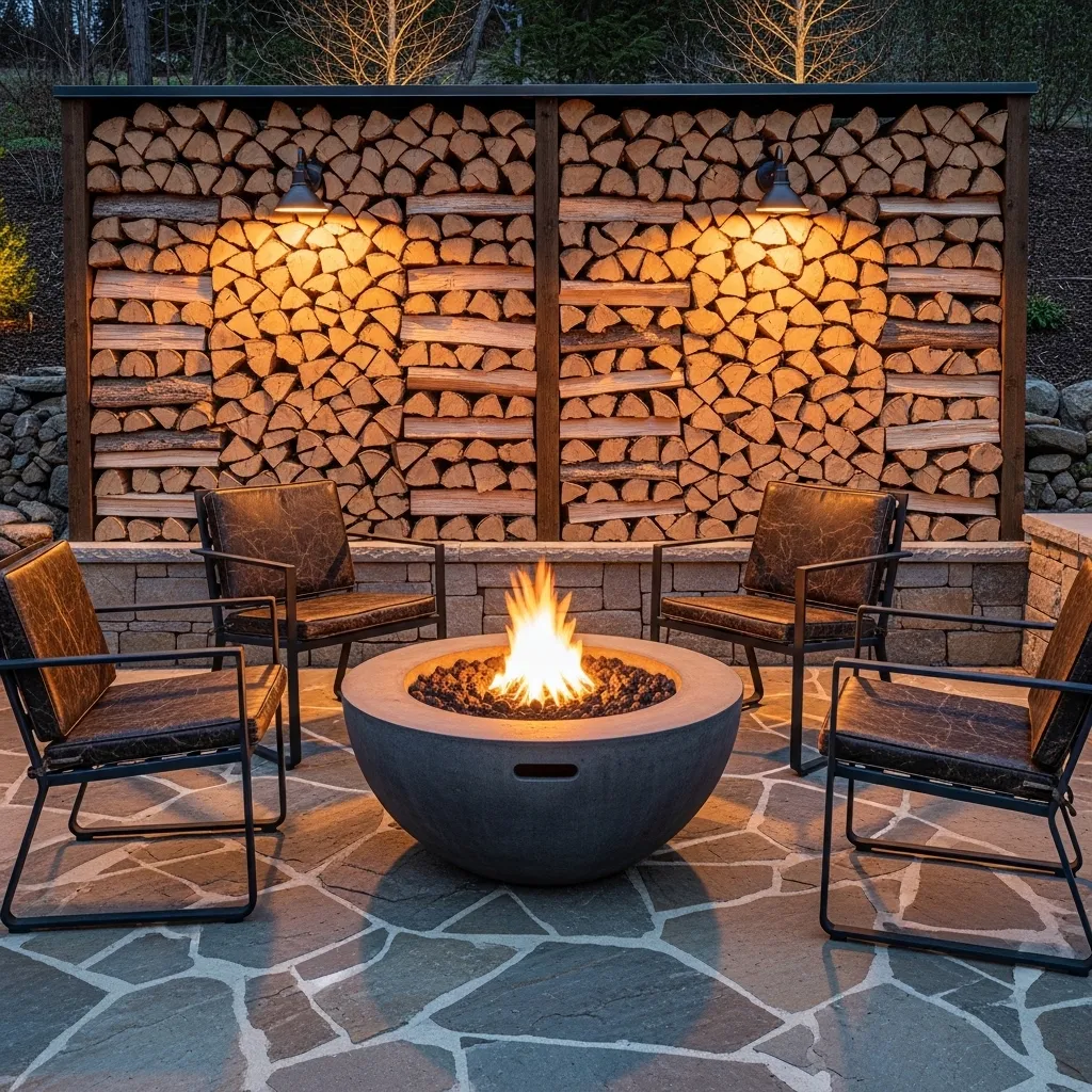 firewood wall lights fire pit lighting idea 2026