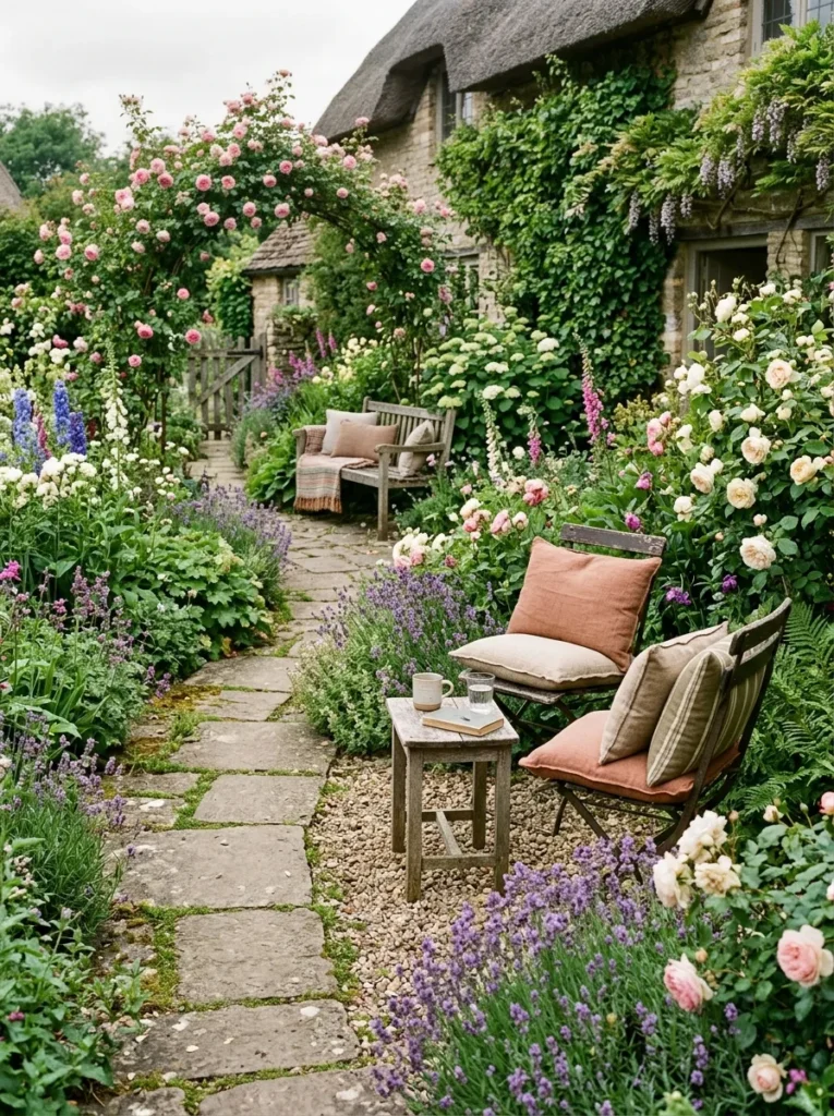 Small seating spots placed along garden path creating cozy and charming outdoor spaces