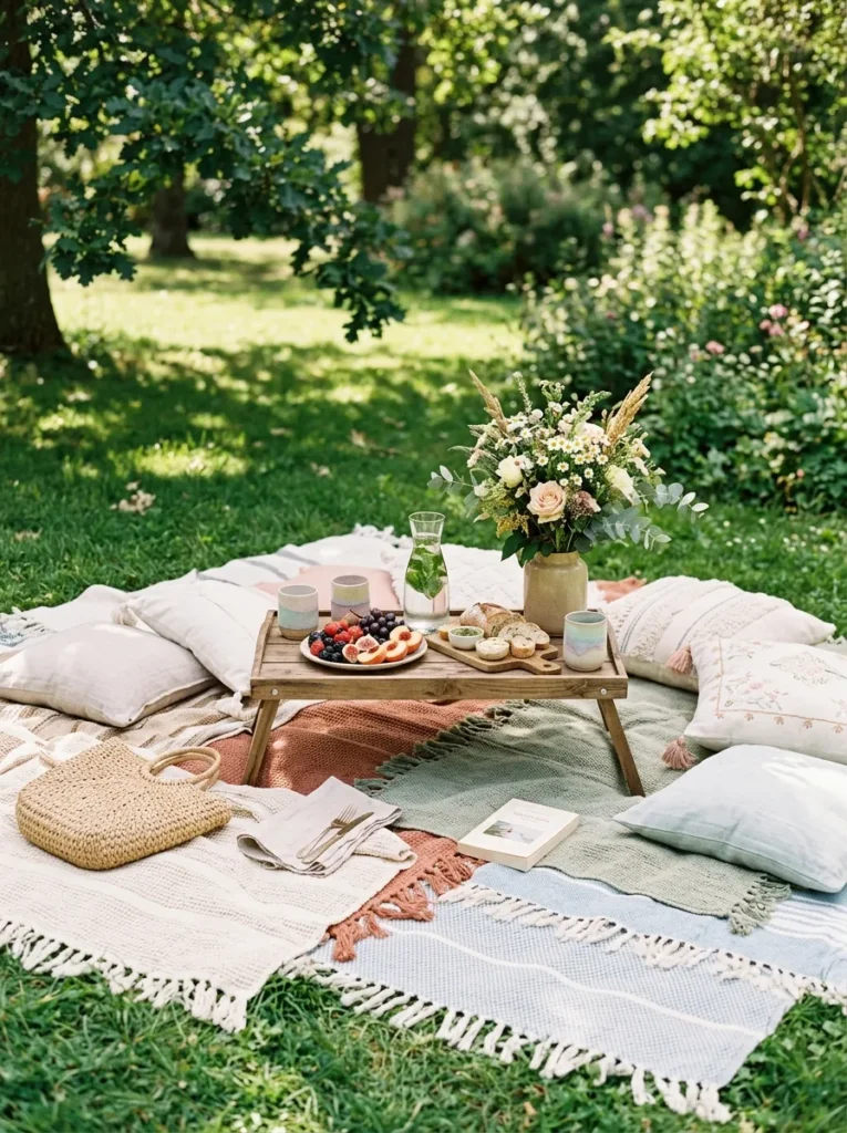 Garden picnic setup with blankets and cushions creating a relaxed outdoor entertaining vibe
