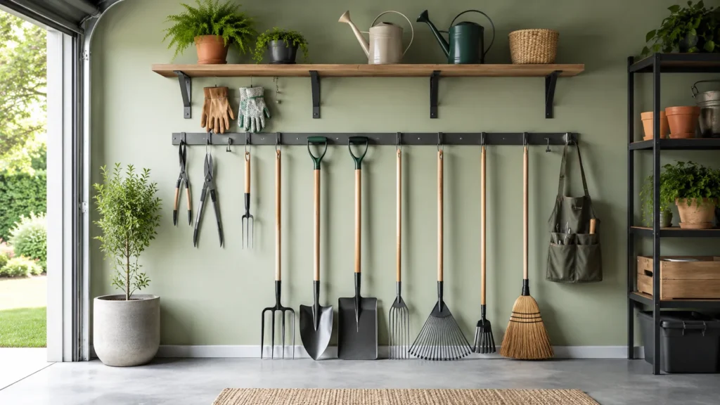 garden tool rack garage interior design idea 2026
