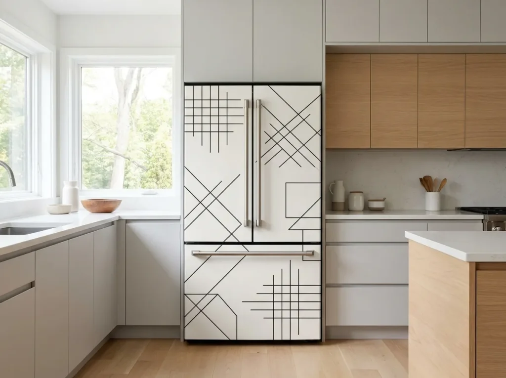 geometric line art fridge wallpaper idea modern kitchen