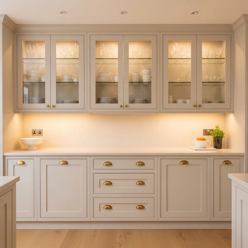 glass cabinet fronts warm white kitchen idea bright