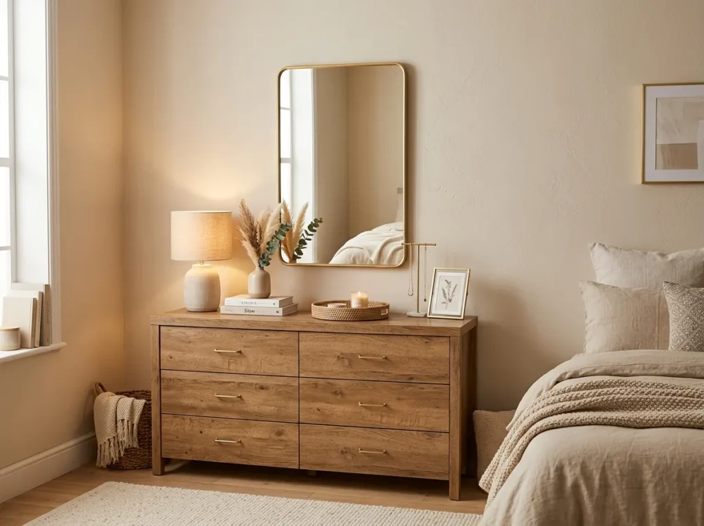 gold accent mirror bedroom mirror idea elegant 2026