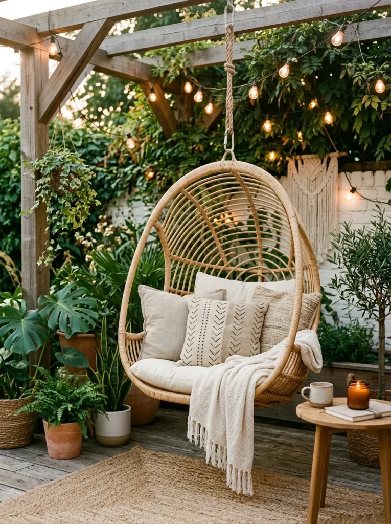 Cozy outdoor hanging chair nook with cushions and soft decor for relaxing backyard seating